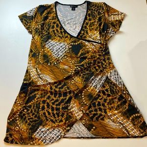 Ashley Stewart Women’s size 26 Gold Chains Faux Wrap Stretchy Short Sleeve Dress